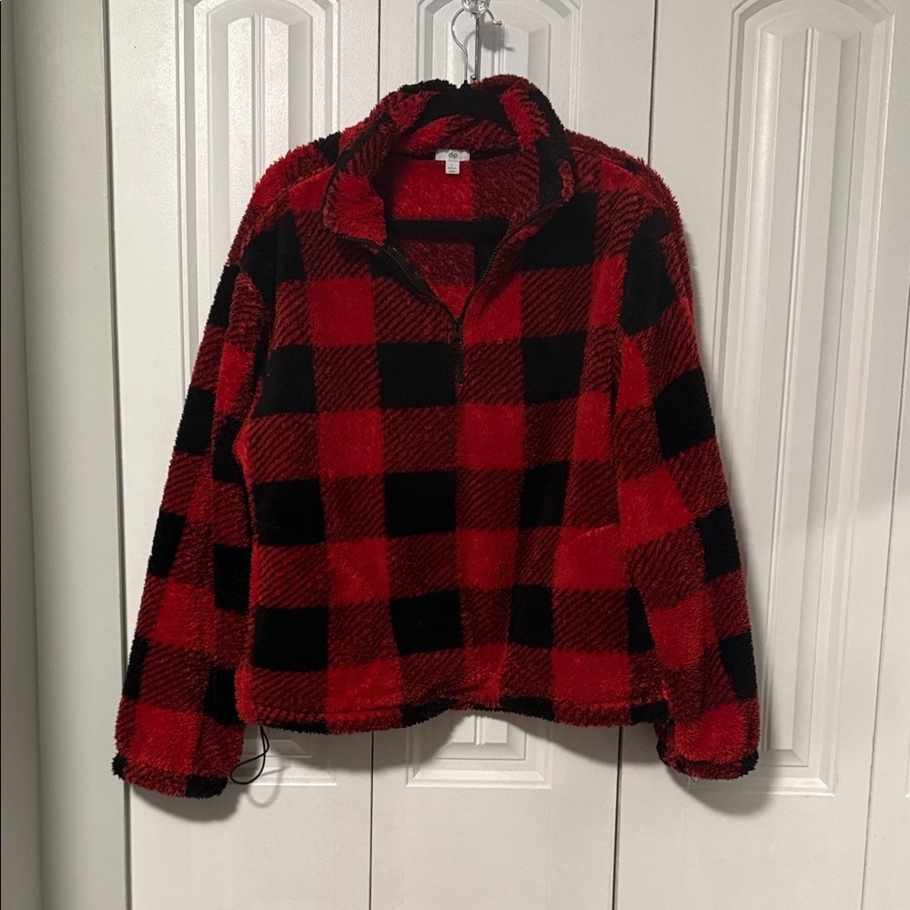 Dip Red and Black Buffalo Plaid Sherpa Teddy Fleece Pullover - large